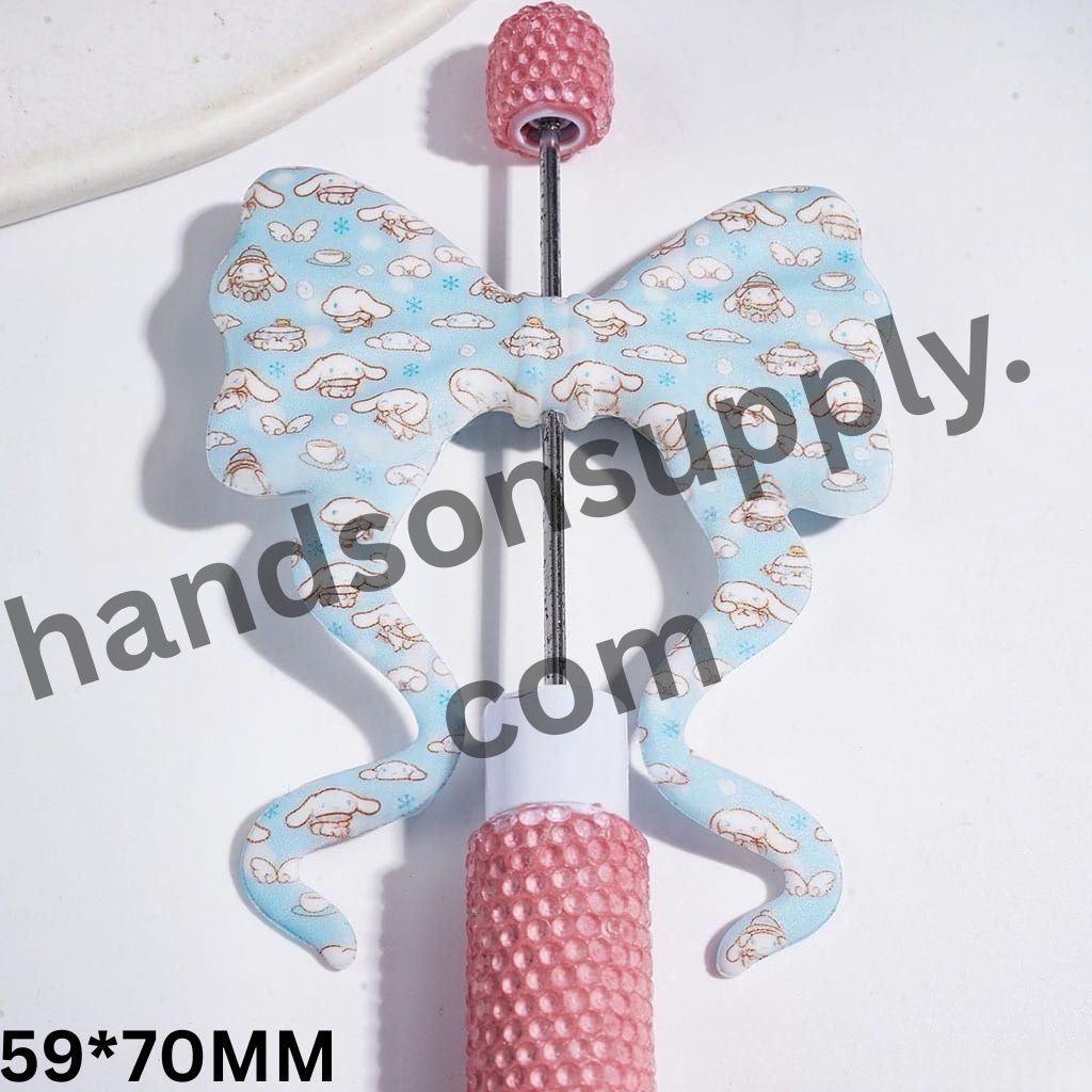 Adorable Big-Eared Dog Character Printed Soft Bowtie, Bowknot with Long Ribbon  Silicone Focal Beads, Light Blue Background, 59*70MM