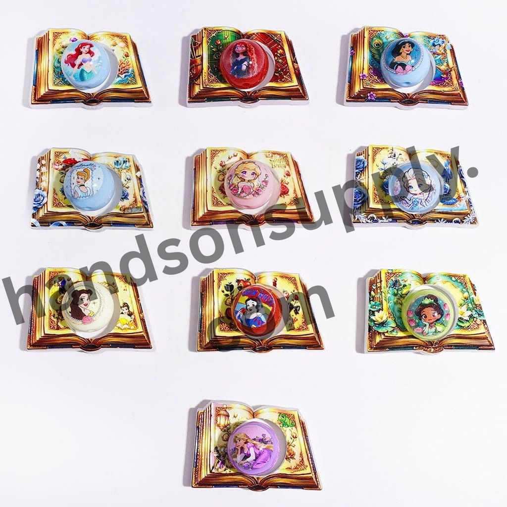 Enchanted Hollowed Magic Book with Princess Character Printed Round Acrylic Beads, Random Mix