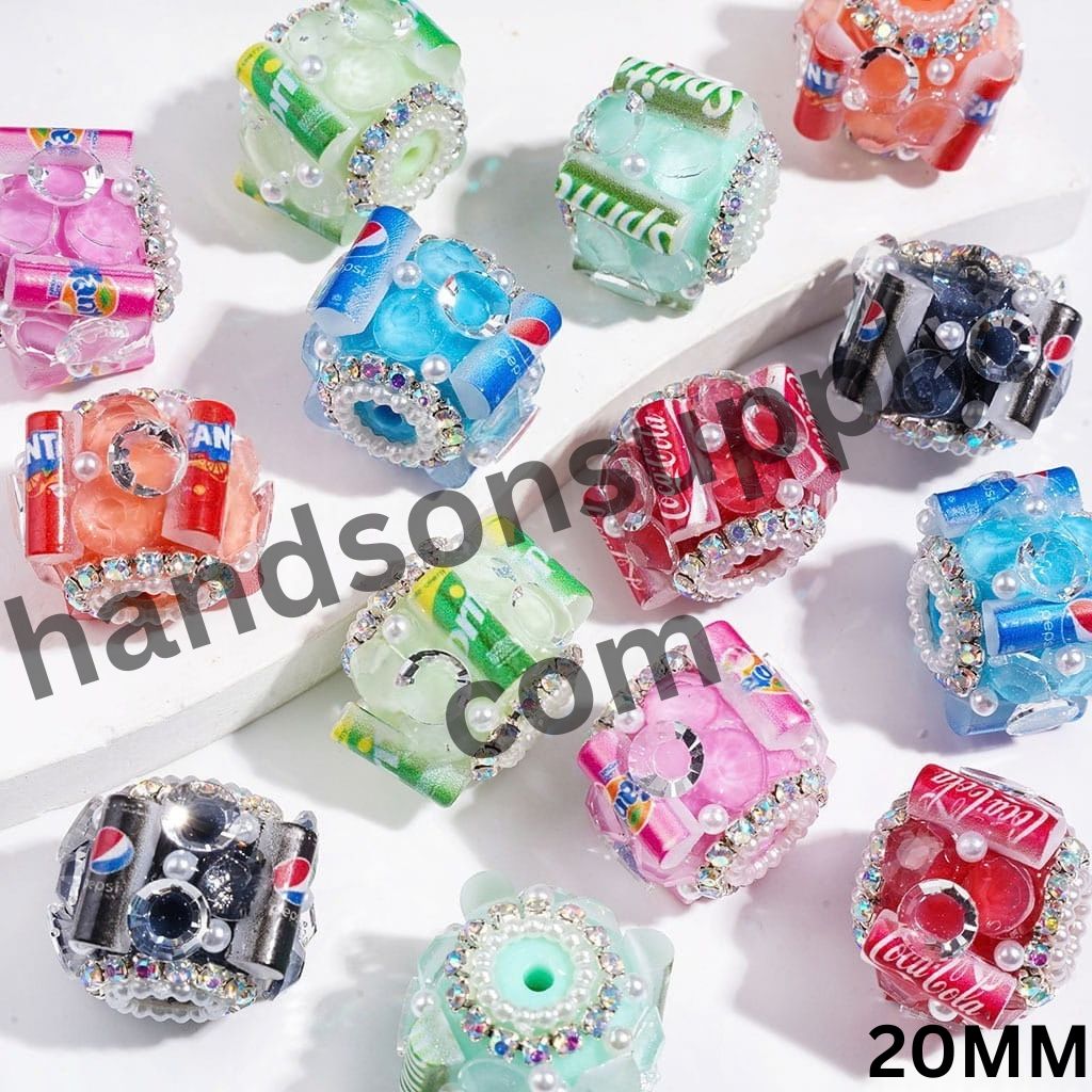 UV-Coated Famous Soft Drink Can Design with Large Cone-Shaped Rhinestones, AB Rhinestones & White Pearl Chains Handmade Acrylic Sugar Beads, 20MM, Multicolor