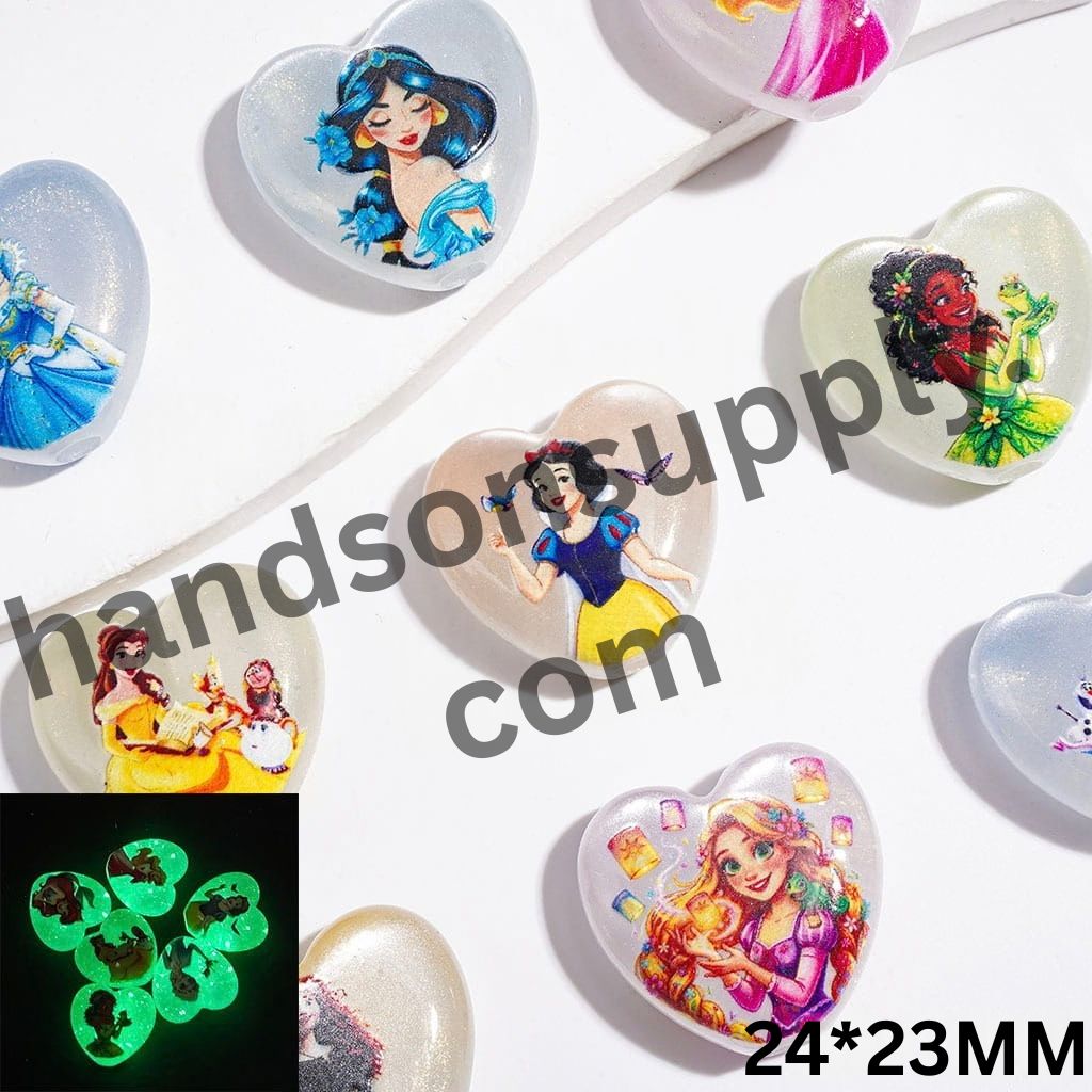 Luminous Classic Royal Princess Characters with Cat-Eye Effect and Gold Glitter, Heart Shape Acrylic Beads, Random Mix