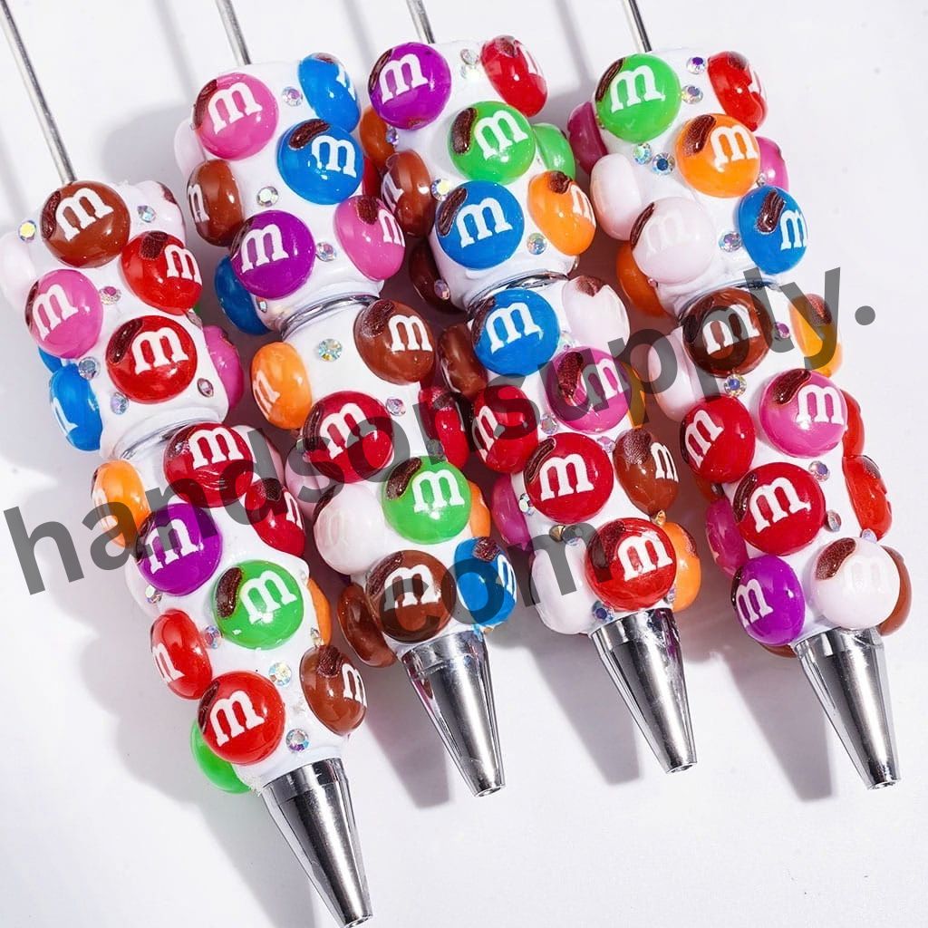 Playful Rainbow “M” Candy Beans with Sparkling AB Rhinestones Beadable Clay Pens, Assorted Colors