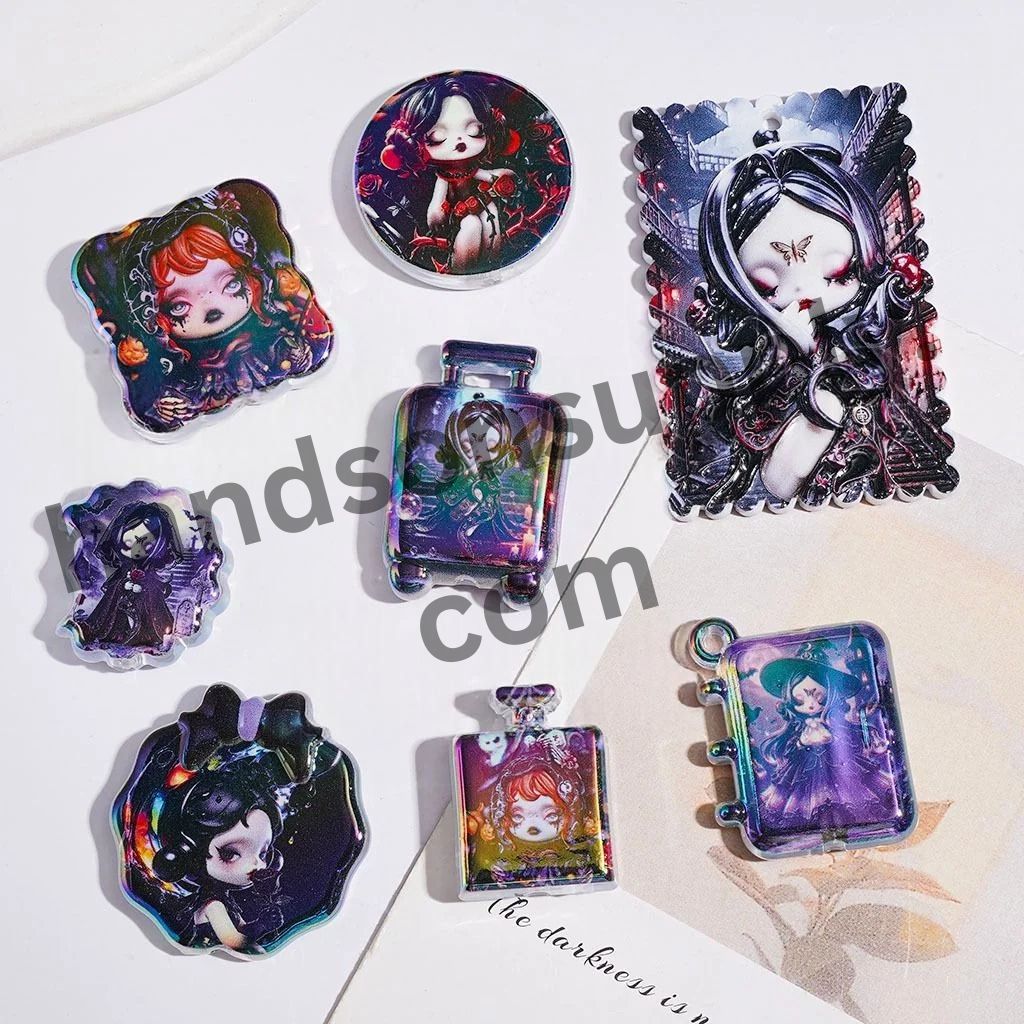 UV-Coated Mystical Gothic Doll Character Black & Purple Series Acrylic Beads & Pendants, Random Mix