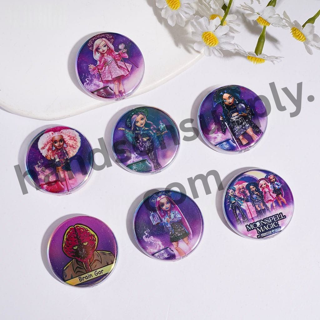 UV-Coated Fantasy Elf High School Purple Series Flat Round Acrylic Beads, 31MM, Random Mix
