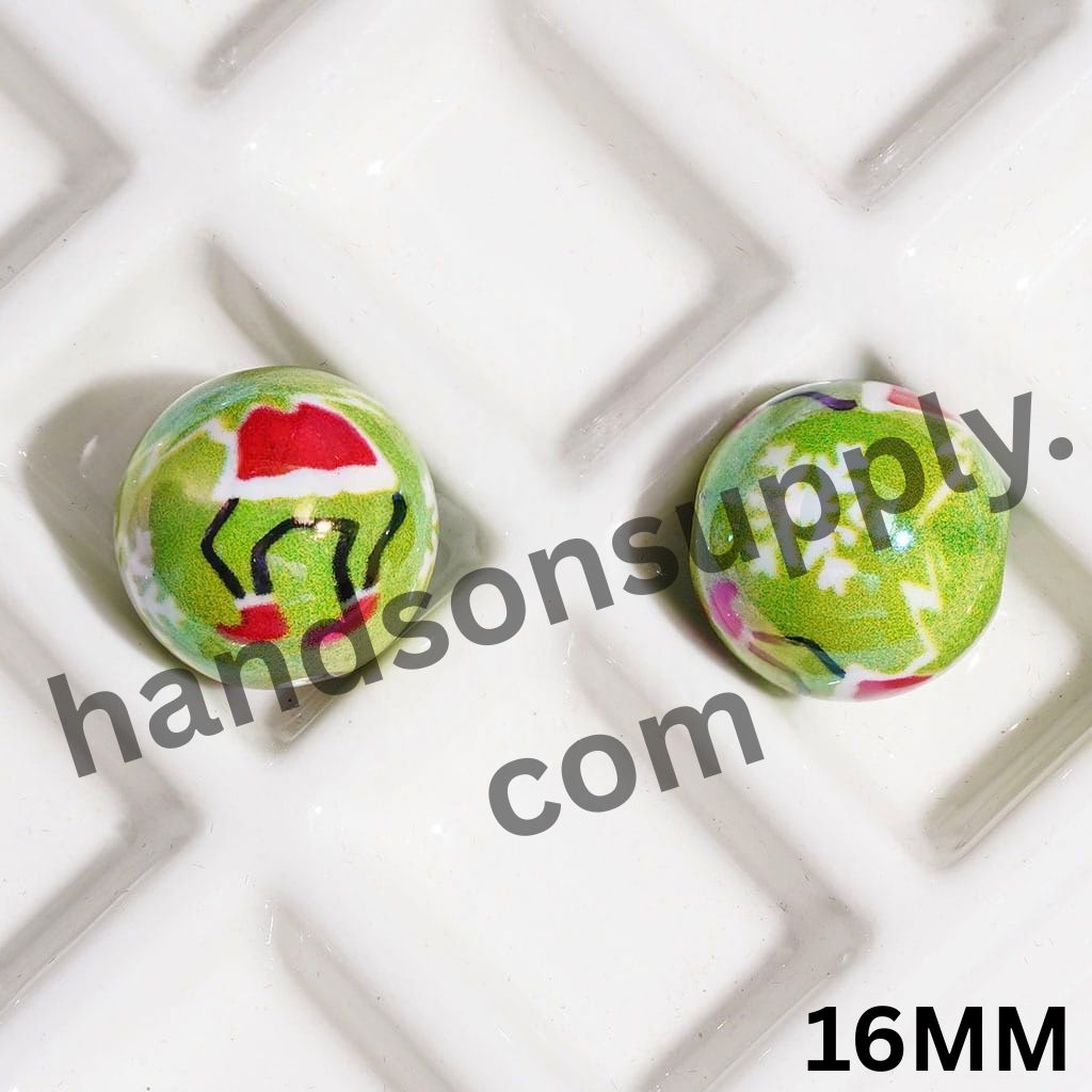 UV-Coated Festive White Snowflake & Christmas Green Character Printed Round Acrylic Beads for Bracelets, 16MM, Random Mix