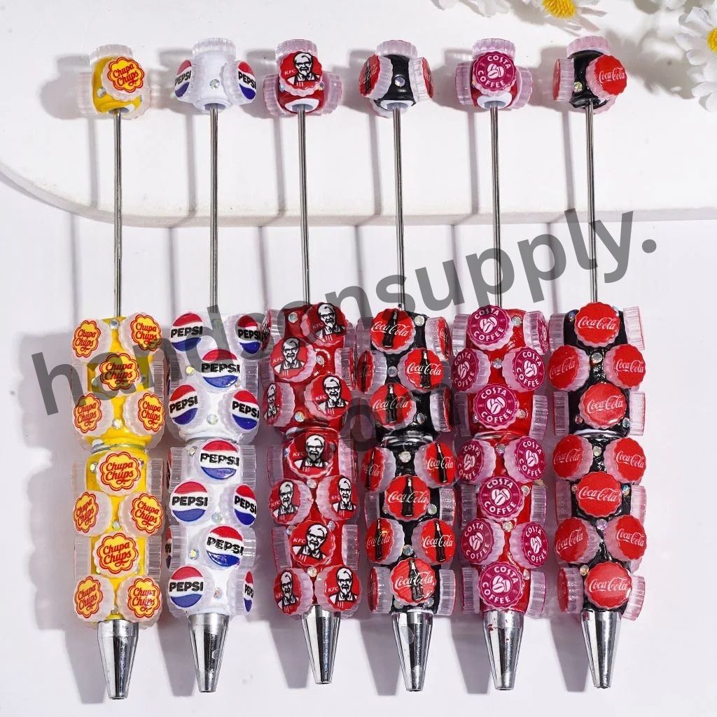 Cute Candy, Coffee, Soda & Fast-Food Drink with Bottle Cap Designs & AB Rhinestones Beadable Clay Pens, Multi-Color