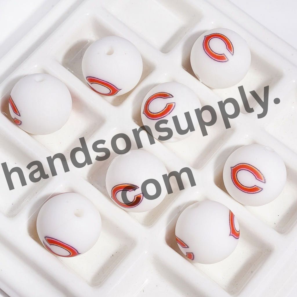 Bold Chicago American Football Printed Round Silicone Beads for DIY Bracelets & Necklaces, 15MM