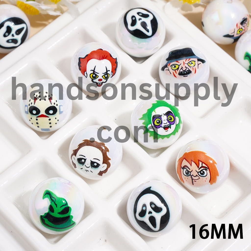 Spooky Horror Movie Character Scary Face Ghost Clown Mask Different design Print Round Acrylic Beads 16MM