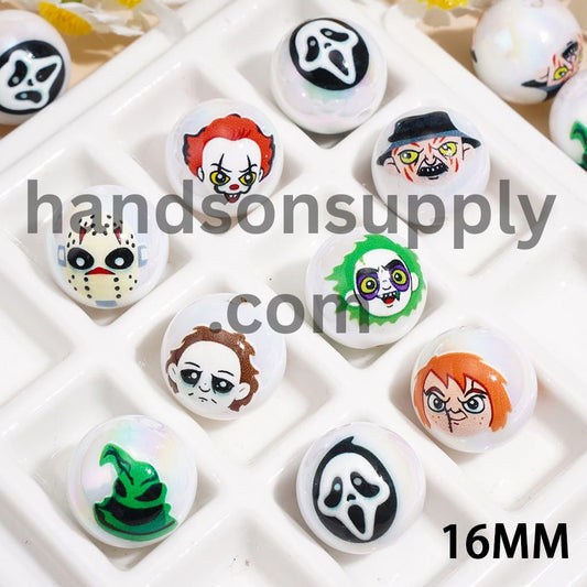 Spooky Horror Movie Character Scary Face Ghost Clown Mask Different design Print Round Acrylic Beads 16MM