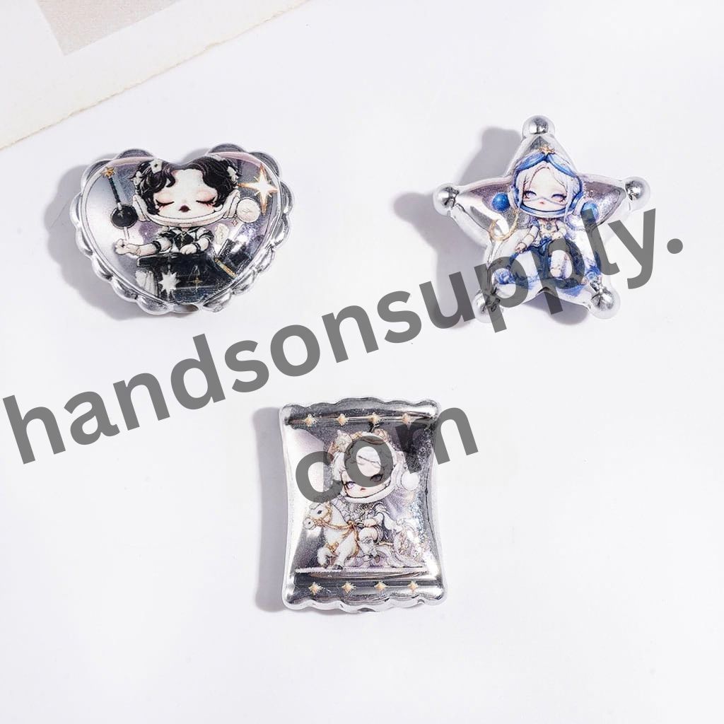 Fantasy Magic Queen Girl Characters Theme Chibi-Style Silver Edge Acrylic Beads & Pendants, Random Mix