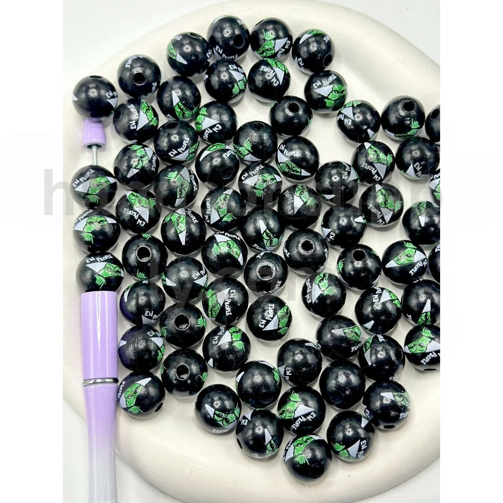Green Monster Character Christmas Design 16MM Round Beads Wooden Beads