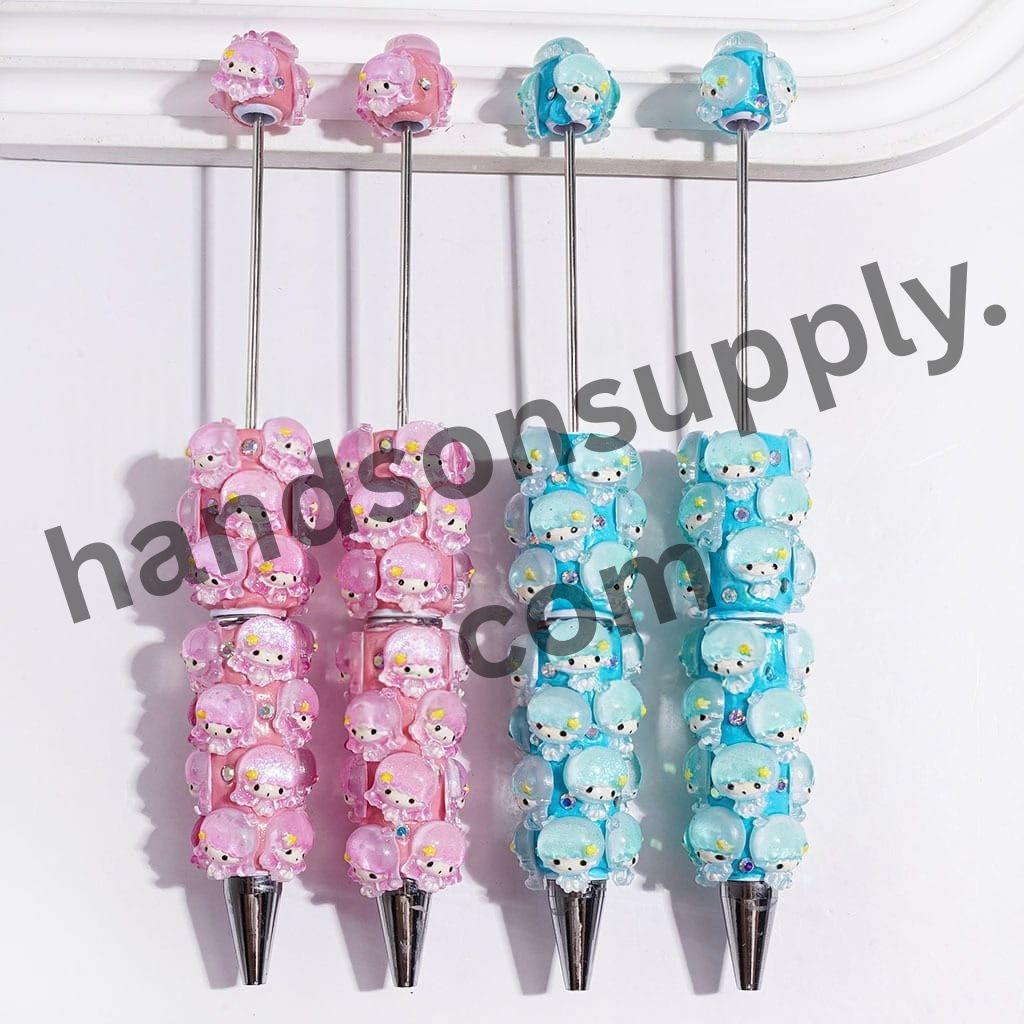 Cute Twin Double Star Character with Sparkling AB Rhinestones Pink & Turquoise Beadable Clay Pen