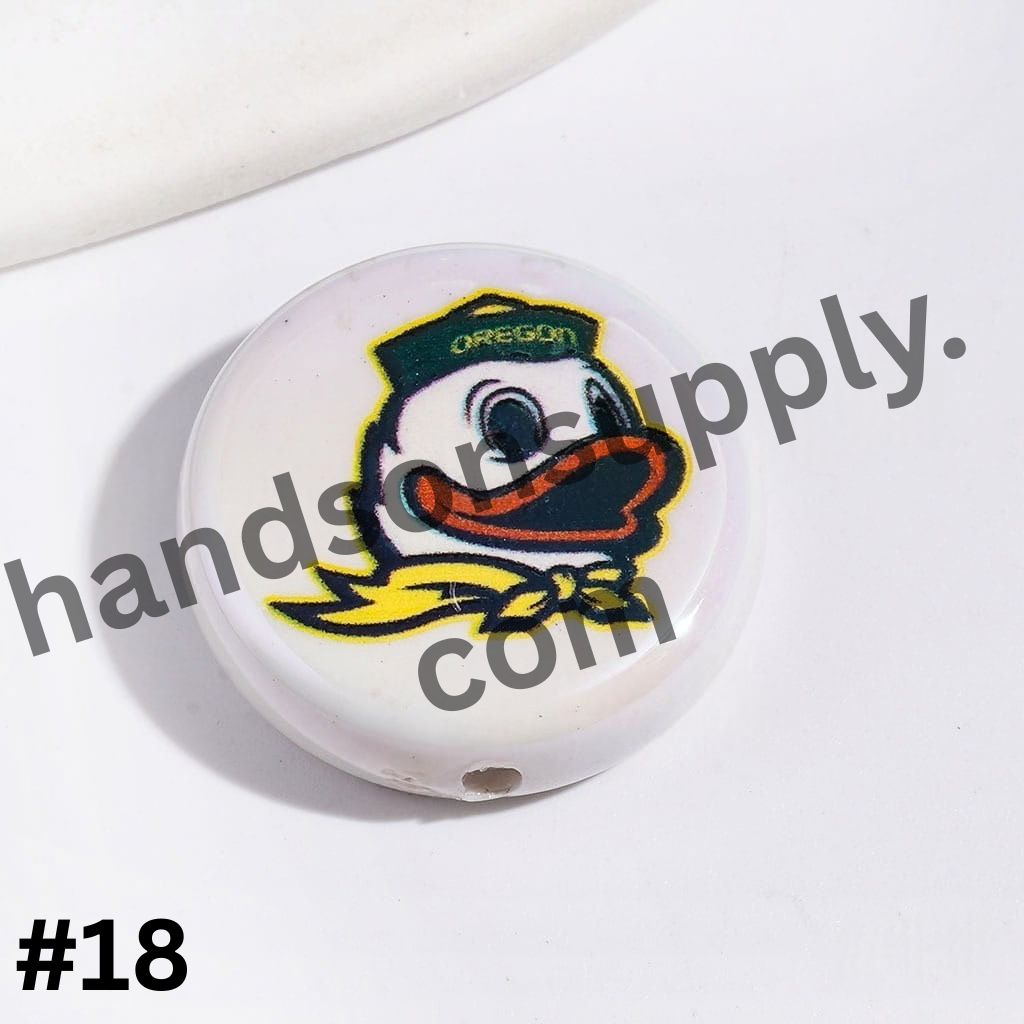 UV-Coated American College Sports Football Team Logo Series Flat Round Acrylic Beads, 23MM