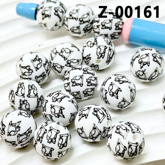 Bowknot with Baseball White Round Printed Silicone Beads 15mm, Number Z-00161