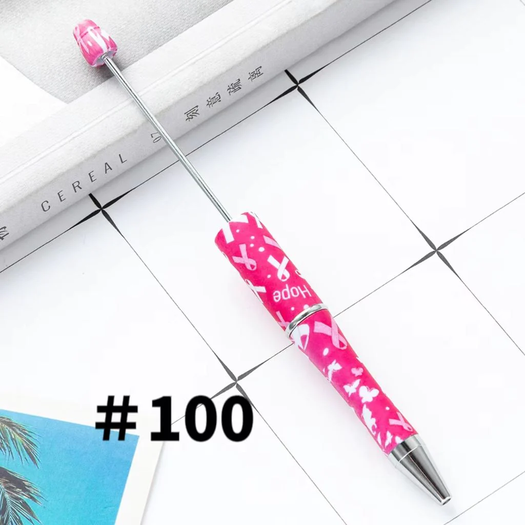 White and Pink Ribbon Printed Beadable Pens Number 100