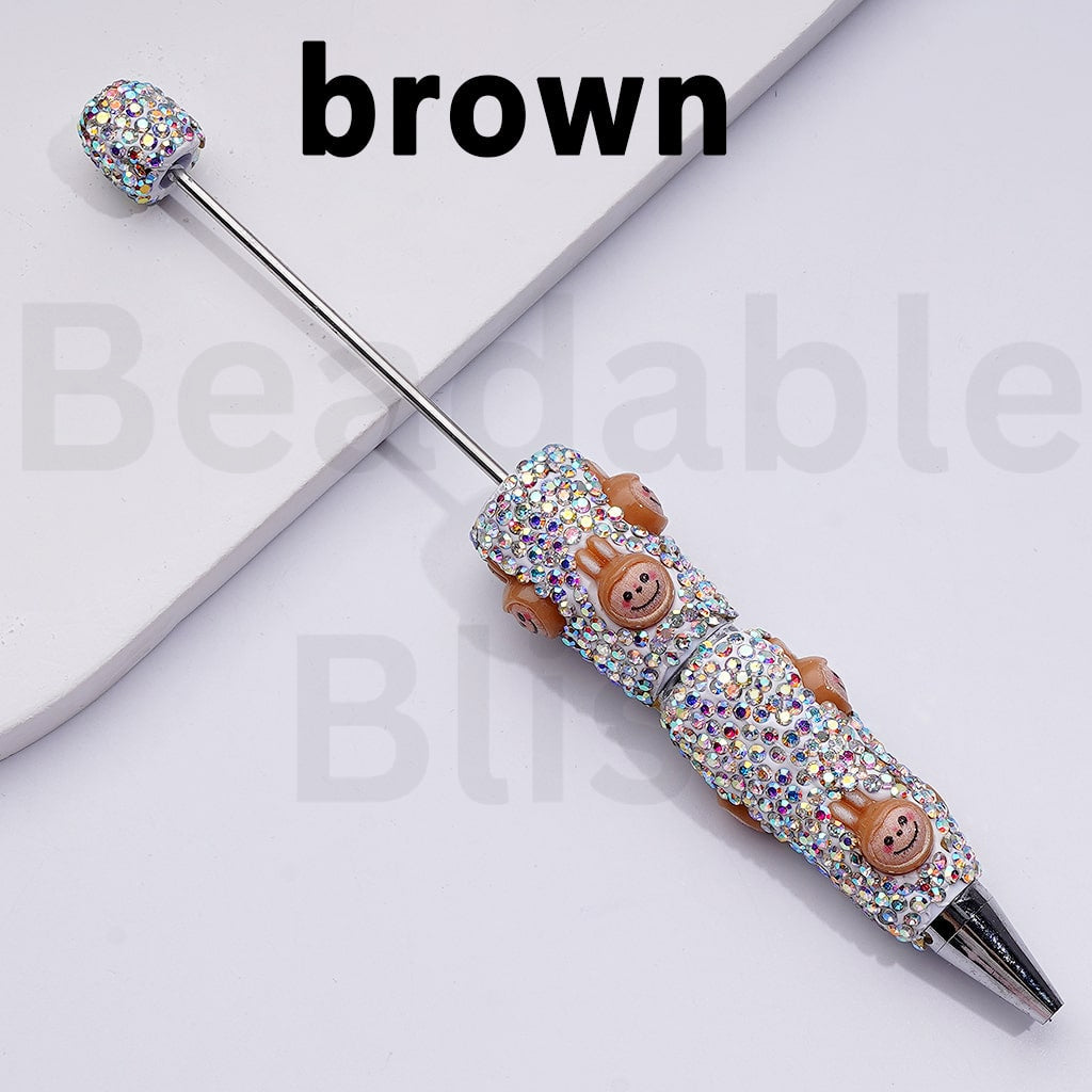 White Color Beadable Clay Pens with Cute Designer Cute Monster Doll Toy Head Pop Mar AB Rhinestones Covered the Entire Pen
