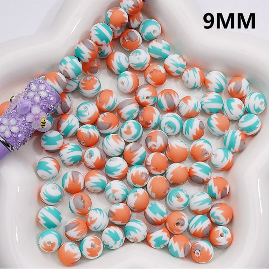 White Orange Teal Printed Silicone Beads, 9MM, Number Z-00269