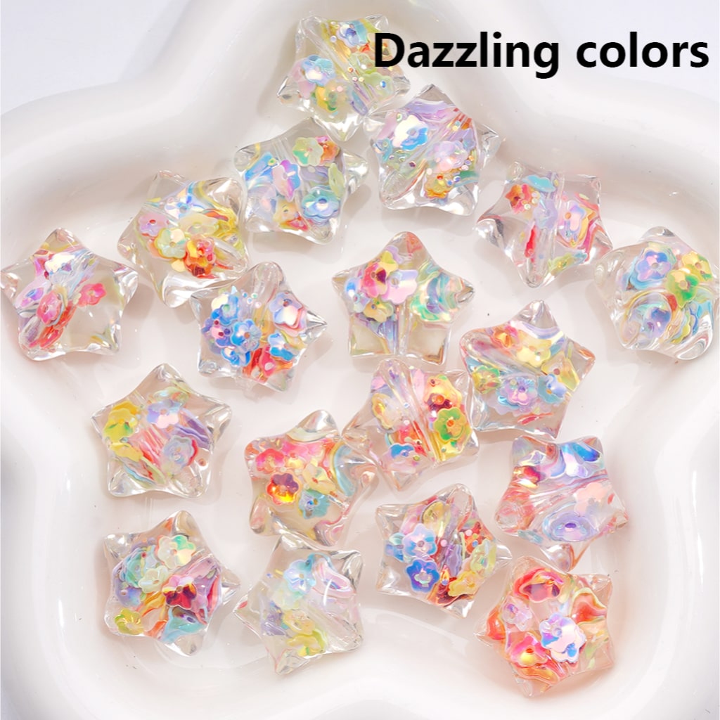 Star Shape with Mini Colorful Flower Flakes Clear Acrylic Beads 22MM (Single Color is available for 200pcs(Whole Bag))