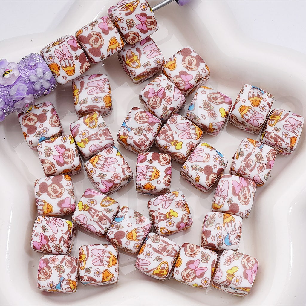 Cute Micke Minni Mous Dais Donal Duc Plut Disne Printed Cube Square Silicone Beads 14MM