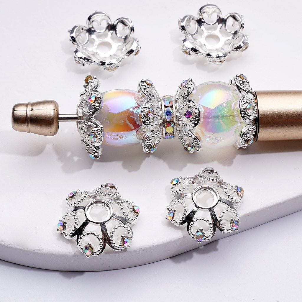 Sparkling Silver Lotus Bead Caps – Rhinestone-Embellished Metal Cages, 19MM (Fits 16MM-20MM Beads)