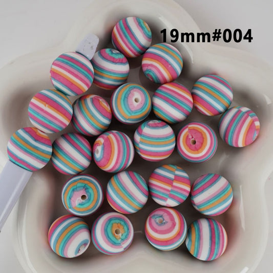 Round Printed Large Colorful Stripes Silicone Beads 19MM, Number 004
