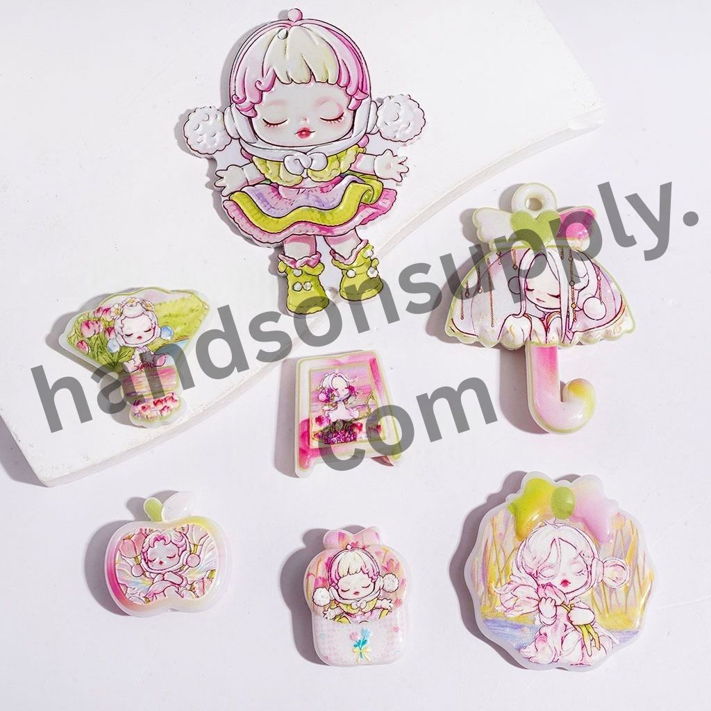 Green & Pink Style Dreamy Sleeping Girl Character Series Acrylic Beads & Pendants, Random Mix