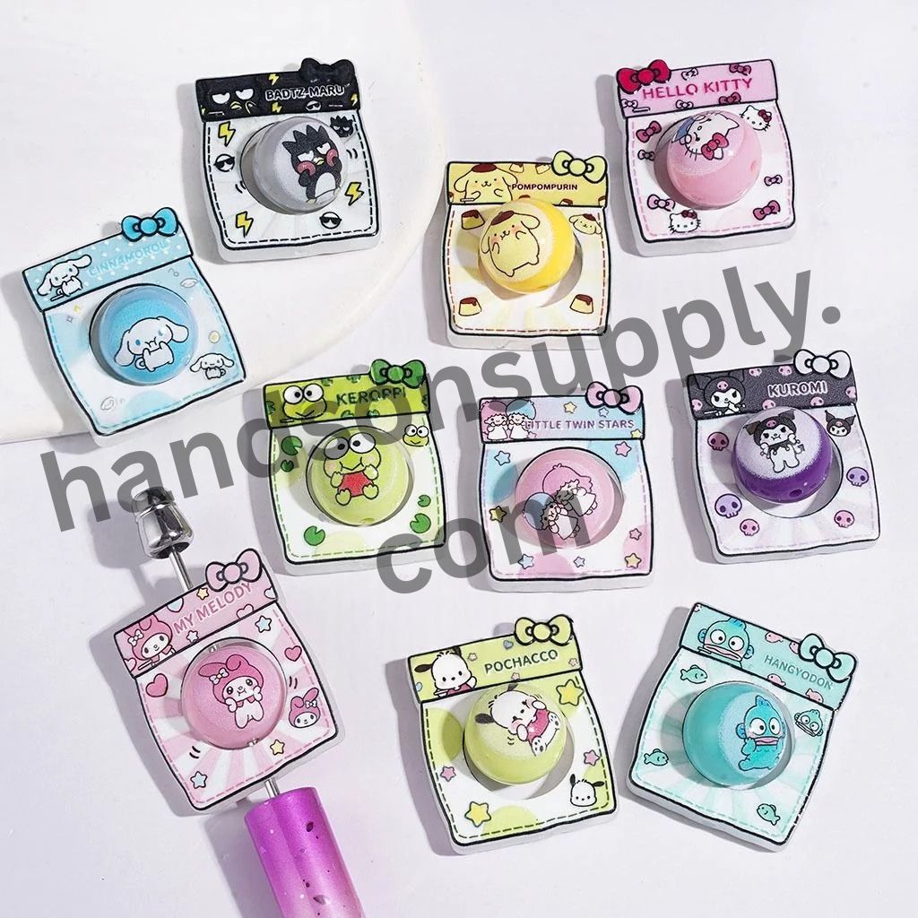 Playful Animal Character Bread Bag Frame & Printed Round Acrylic Beads Set Collection, Random Mix (Please Read Description)