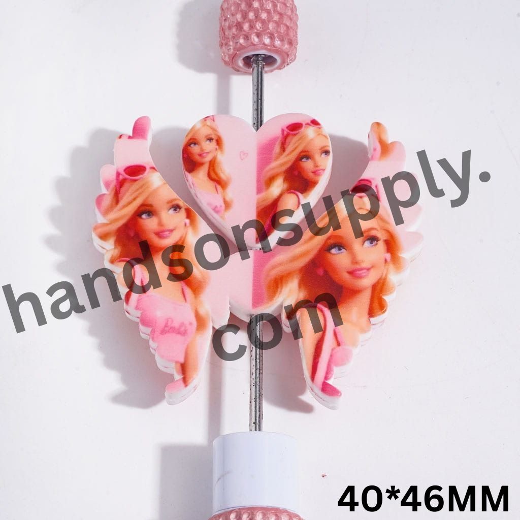 Stylish Fashion Doll Characters in Pink Halter Tops with Smiling Faces, Printed Design Heart and Wing Shapes Silicone Focal Beads Set, 40*46MM