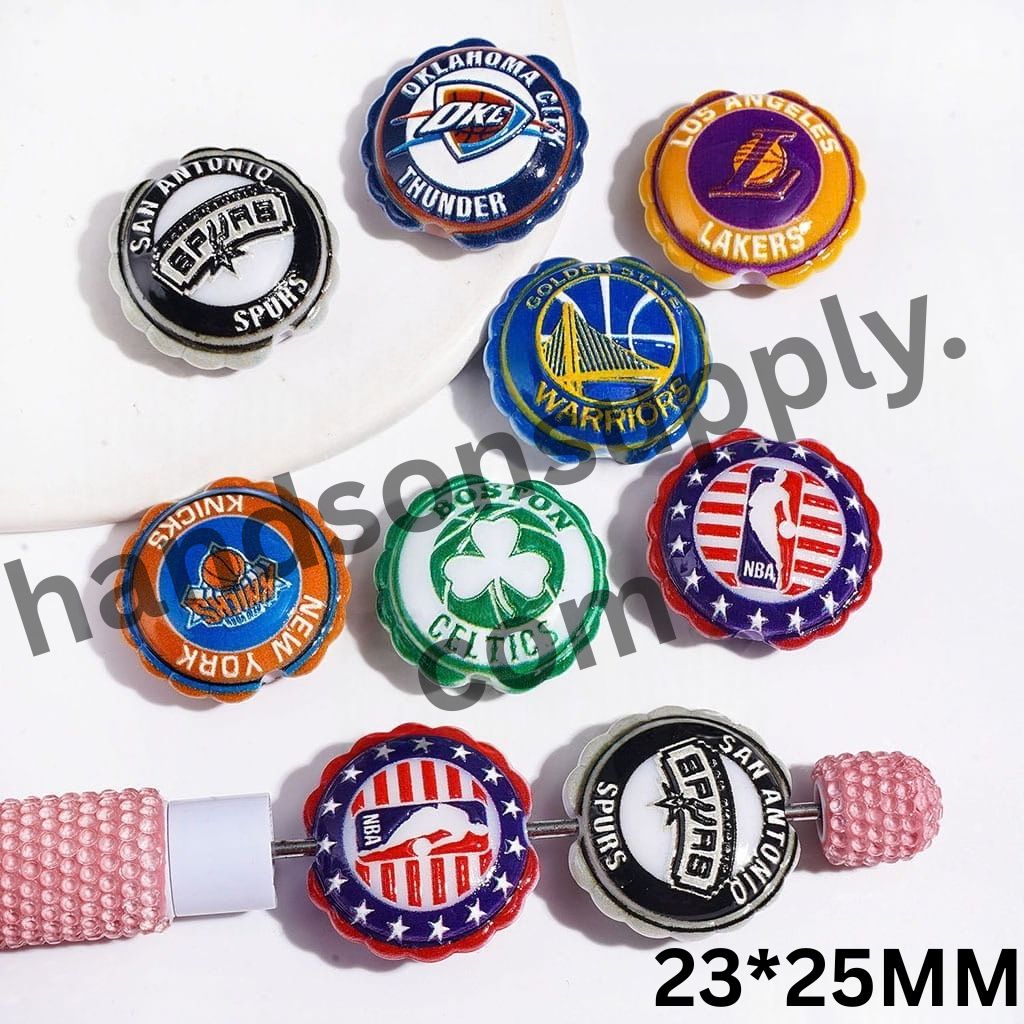 Sporty American Basketball Team Logo with Round Shaped with Wavy Border Acrylic Beads, 23*25MM