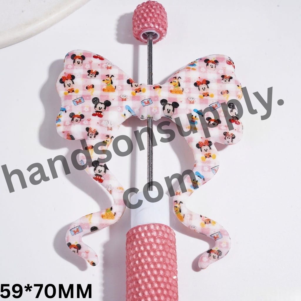 Classic Mouse, Duck & Dog Character Print Soft Bowtie Bowknot with Long Ribbon Silicone Focal Beads, Pink & White Checkerboard, 59*70MM