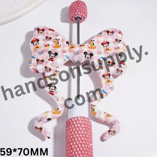 Classic Mouse, Duck & Dog Character Print Soft Bowtie Bowknot with Long Ribbon Silicone Focal Beads, Pink & White Checkerboard, 59*70MM