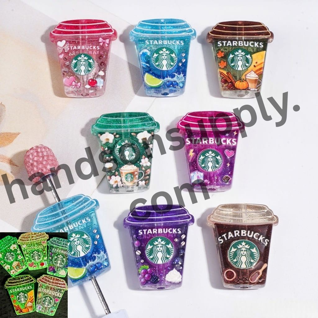 Adorable Famous Coffee Cup Shape with Shiny Glitter Design Clear Acrylic Beads, 25*30MM, Multicolor, Random Mix