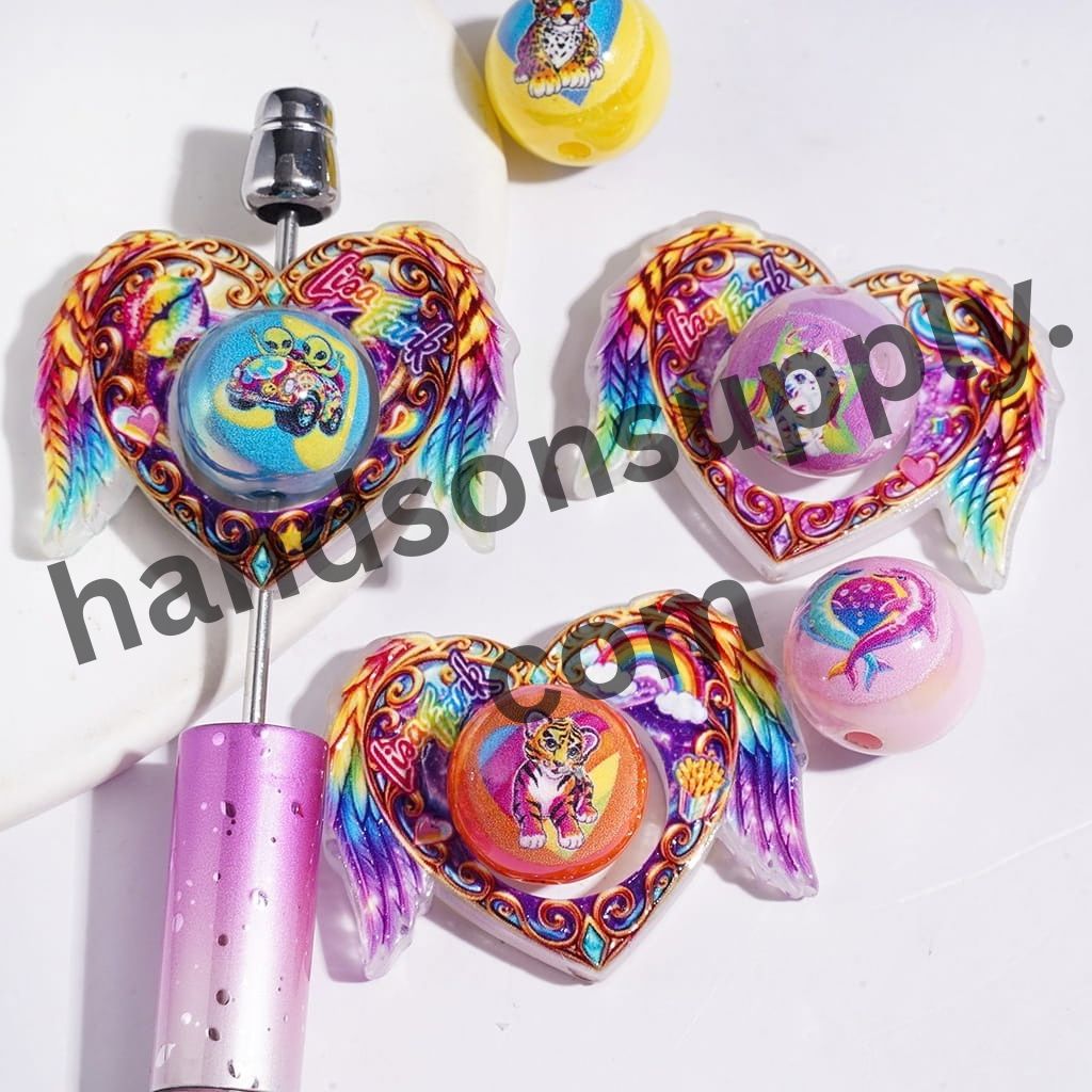 Adorable Angel Wings Hollow Heart with Colorful Animal Printed Round Acrylic Beads, Random Mix (Please Read Description)