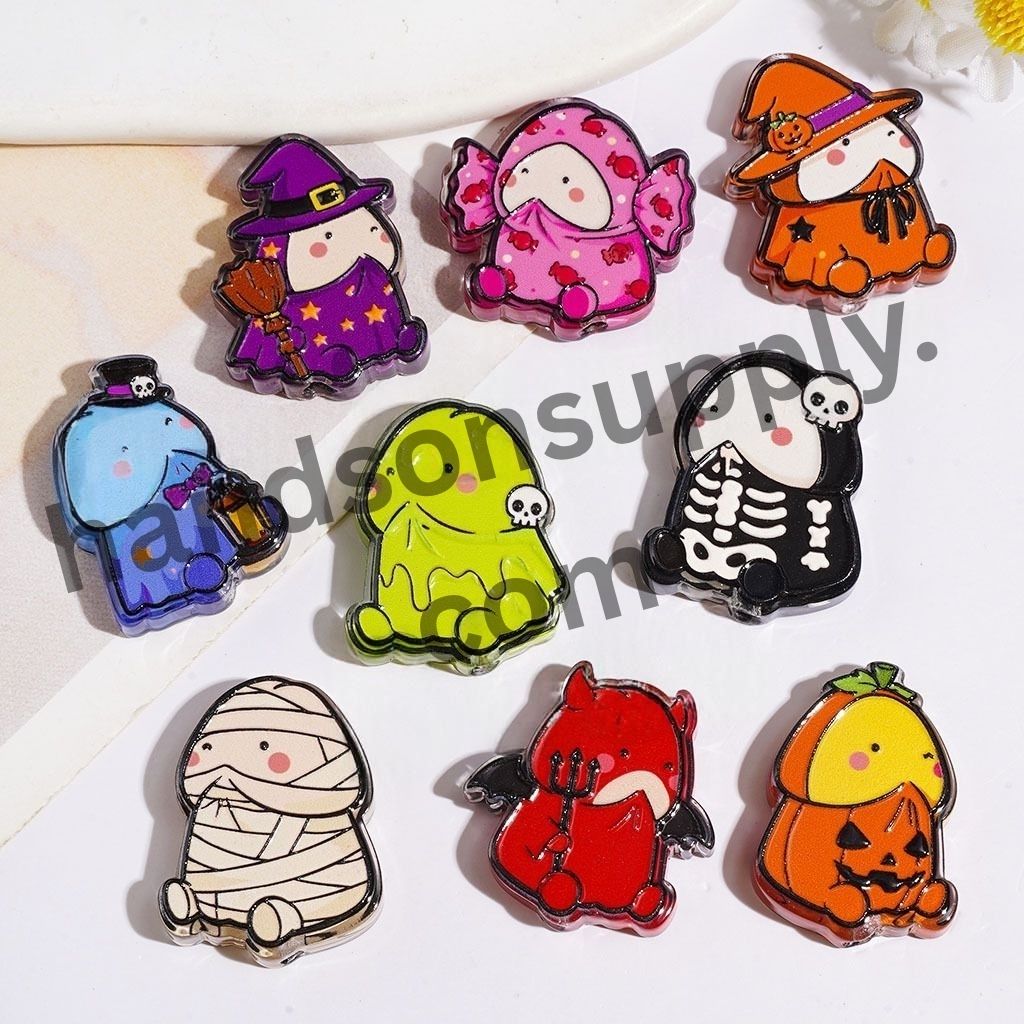 Spooky Halloween Costume Candy, Pumpkin, Witch, Skull, Ghost, Mummy, Devil & Man Character Acrylic Beads, Random Mix