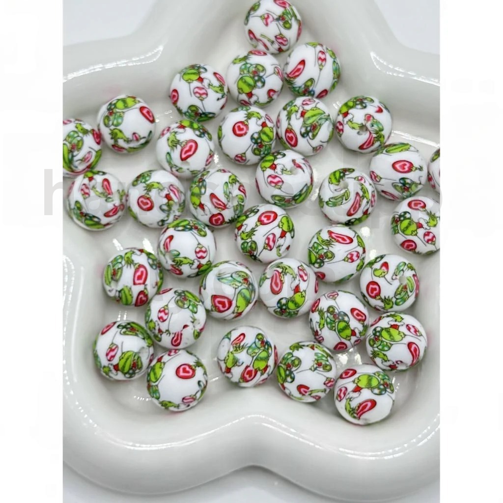 Green Monster Grin Christmas Design 15MM White Round Printed Silicone Beads