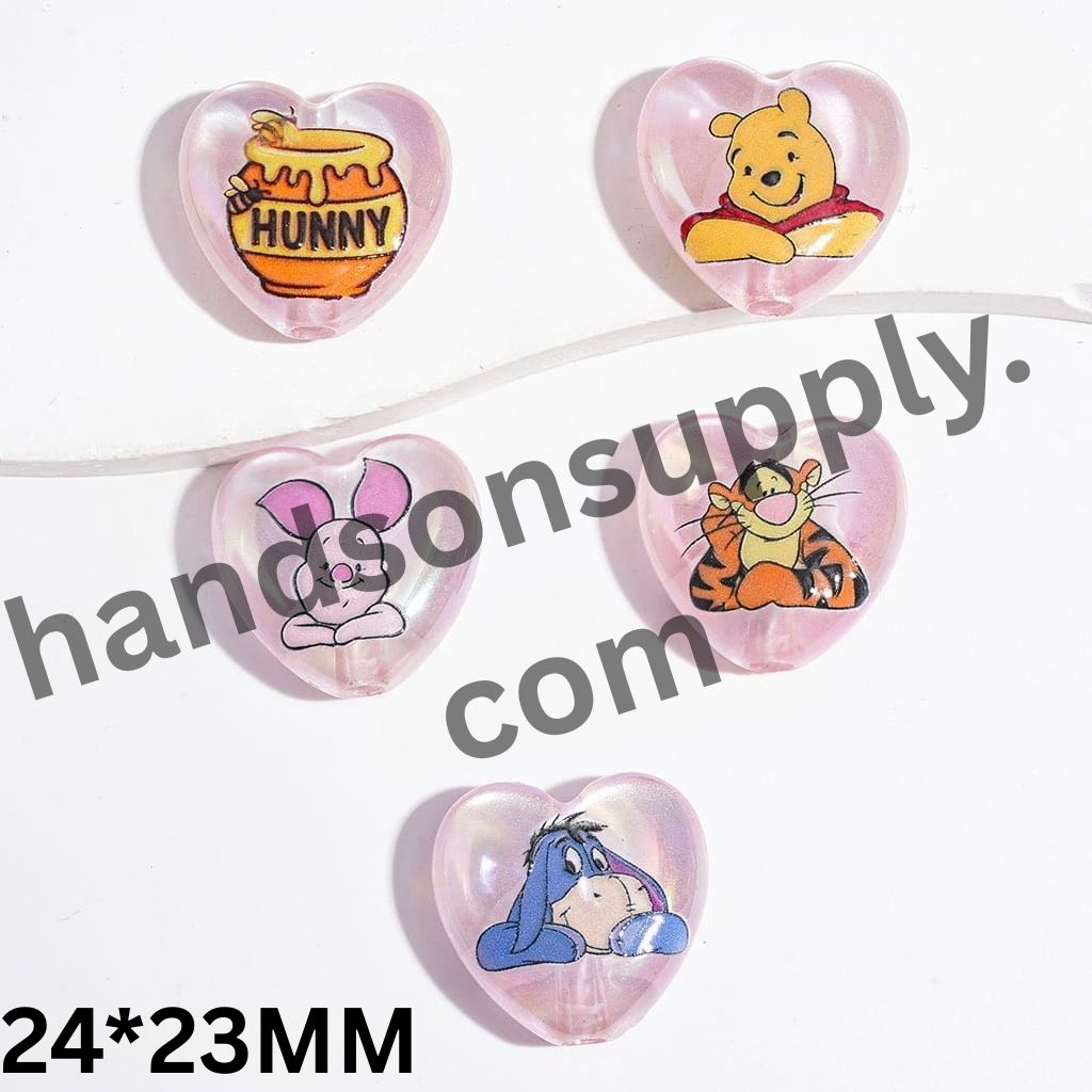 UV-Finish Pink Heart with Cat-Eye Effect and Classic Animation Animal Characters Acrylic Beads, 24*23MM, Random Mix