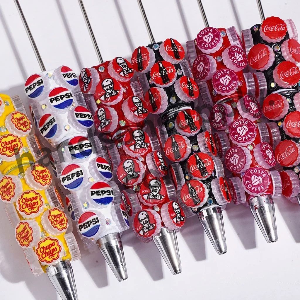 Cute Candy, Coffee, Soda & Fast-Food Drink with Bottle Cap Designs & AB Rhinestones Beadable Clay Pens, Multi-Color
