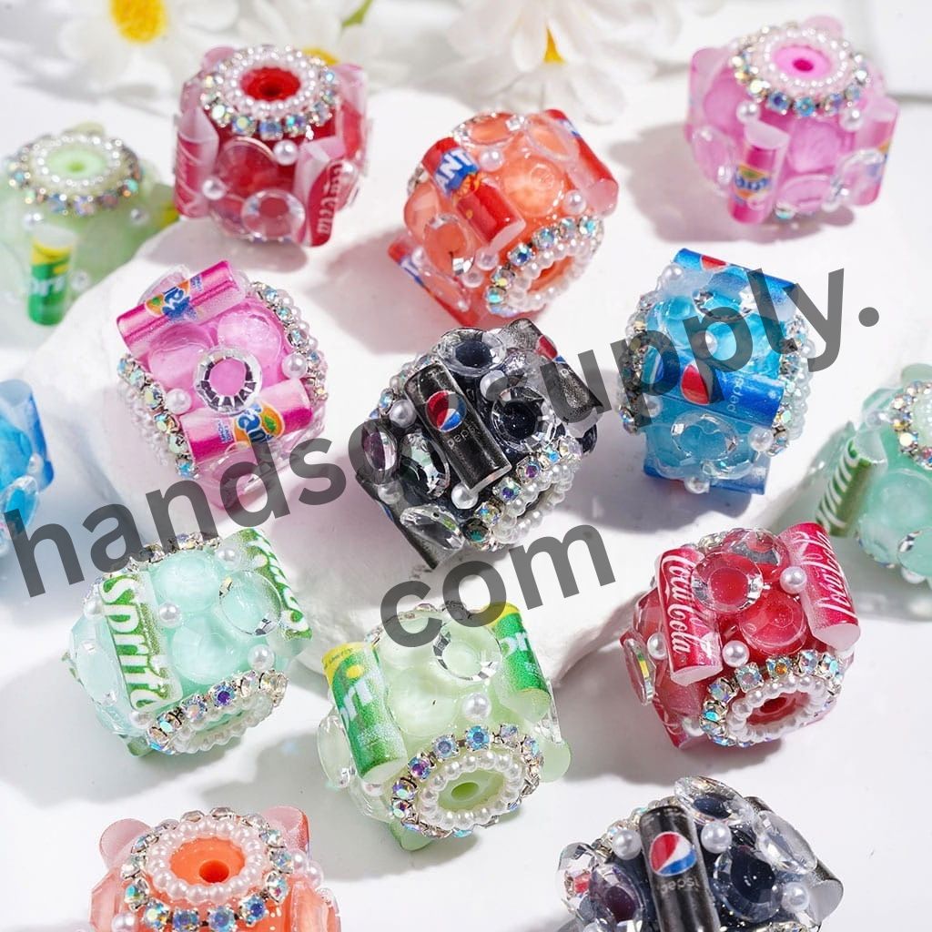 UV-Coated Famous Soft Drink Can Design with Large Cone-Shaped Rhinestones, AB Rhinestones & White Pearl Chains Handmade Acrylic Sugar Beads, 20MM, Multicolor