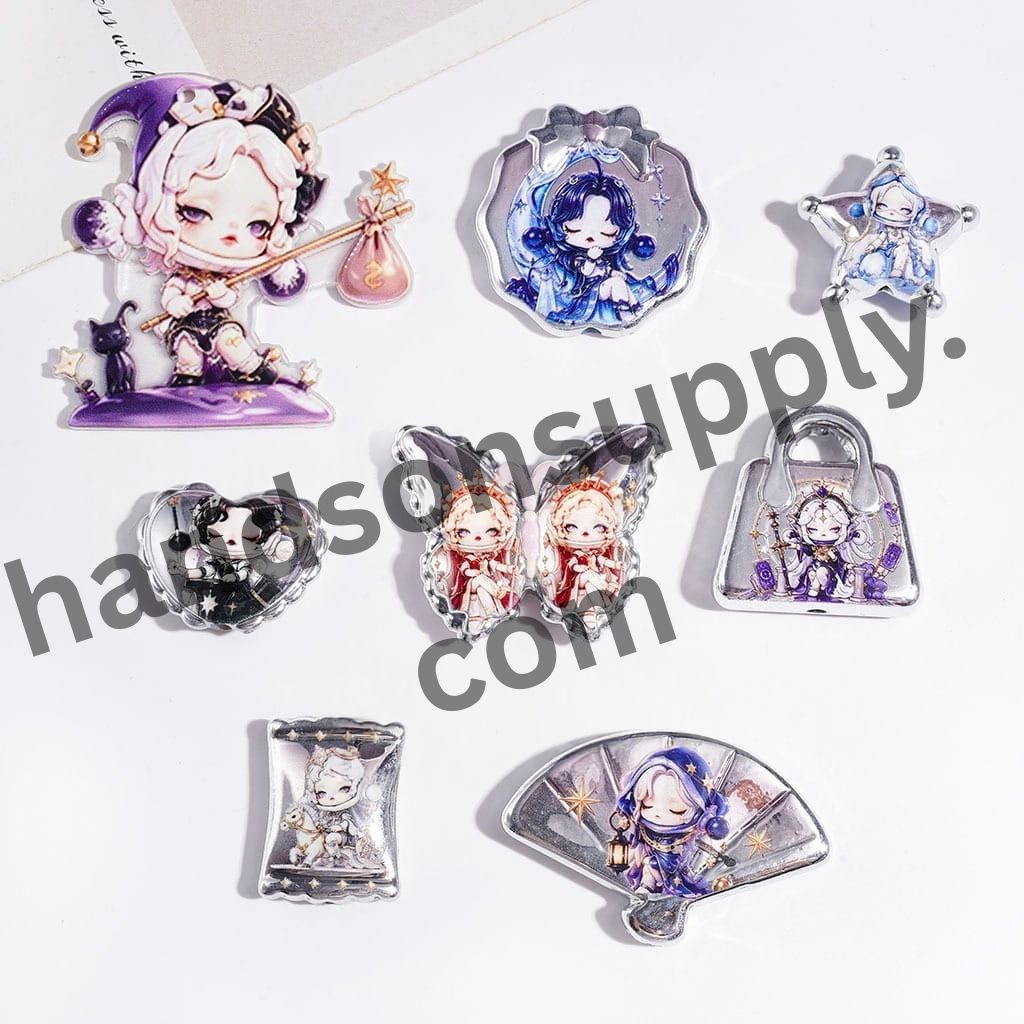 Fantasy Magic Queen Girl Characters Theme Chibi-Style Silver Edge Acrylic Beads & Pendants, Random Mix