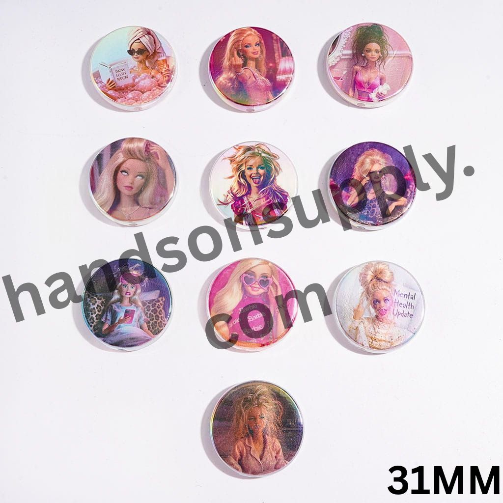 UV-Finish Stylish Fashion Doll Expressions Series Flat Round Acrylic Beads, 31MM, Random Mix