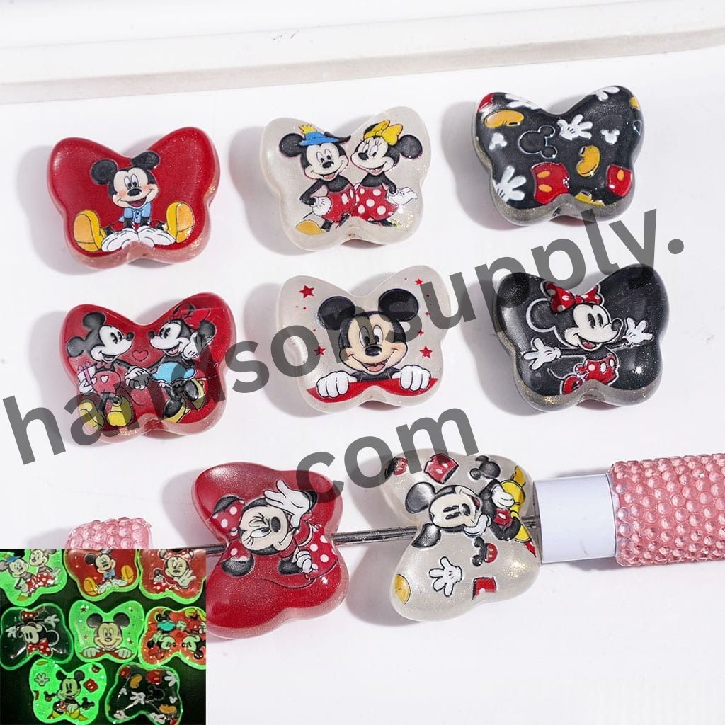 Luminous Cat-Eye Design Glittery Classic Cartoon Mouse Boy and Girl Characters Acrylic Beads, 21*25MM, Random Mix