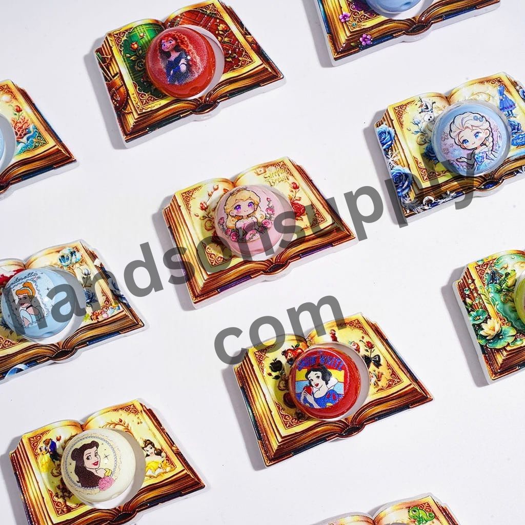 Enchanted Hollowed Magic Book with Princess Character Printed Round Acrylic Beads, Random Mix