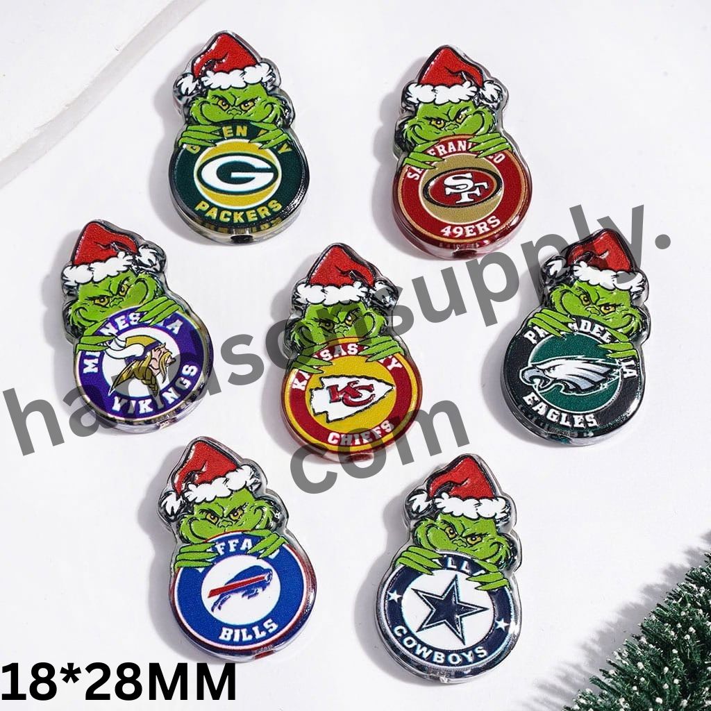 Festive Christmas Green Character with American Football Team Design Acrylic Beads, 18*28MM