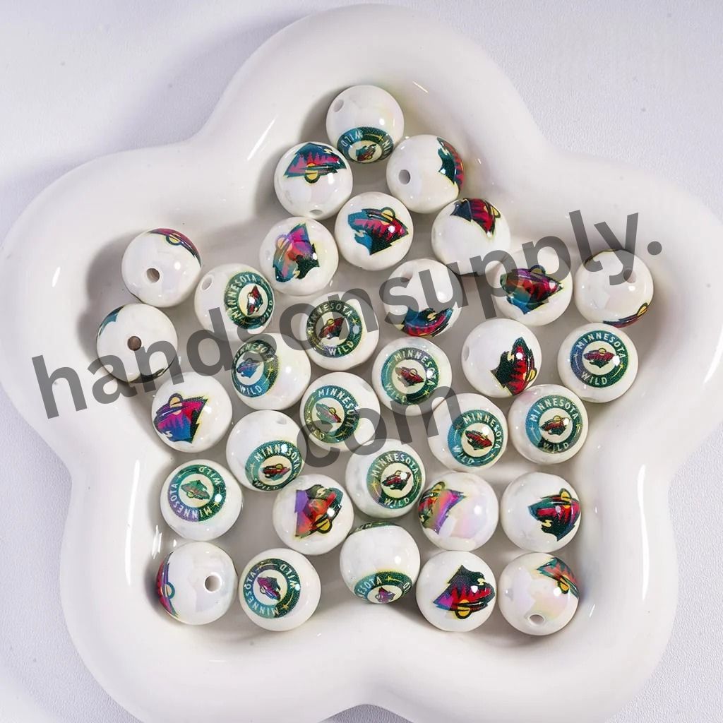 Round with UV Coating Ice Hockey Team Pattern Acrylic Beads for Bracelets, 16MM