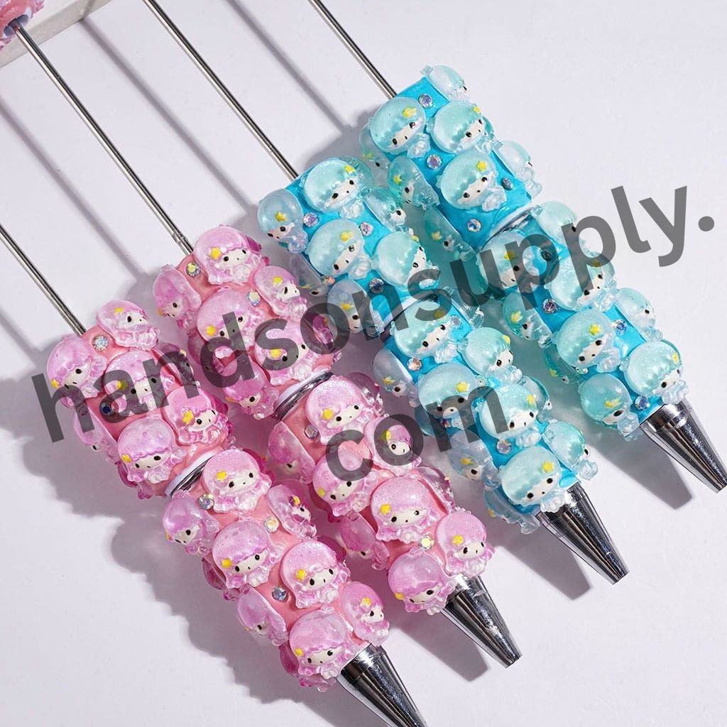 Cute Twin Double Star Character with Sparkling AB Rhinestones Pink & Turquoise Beadable Clay Pen