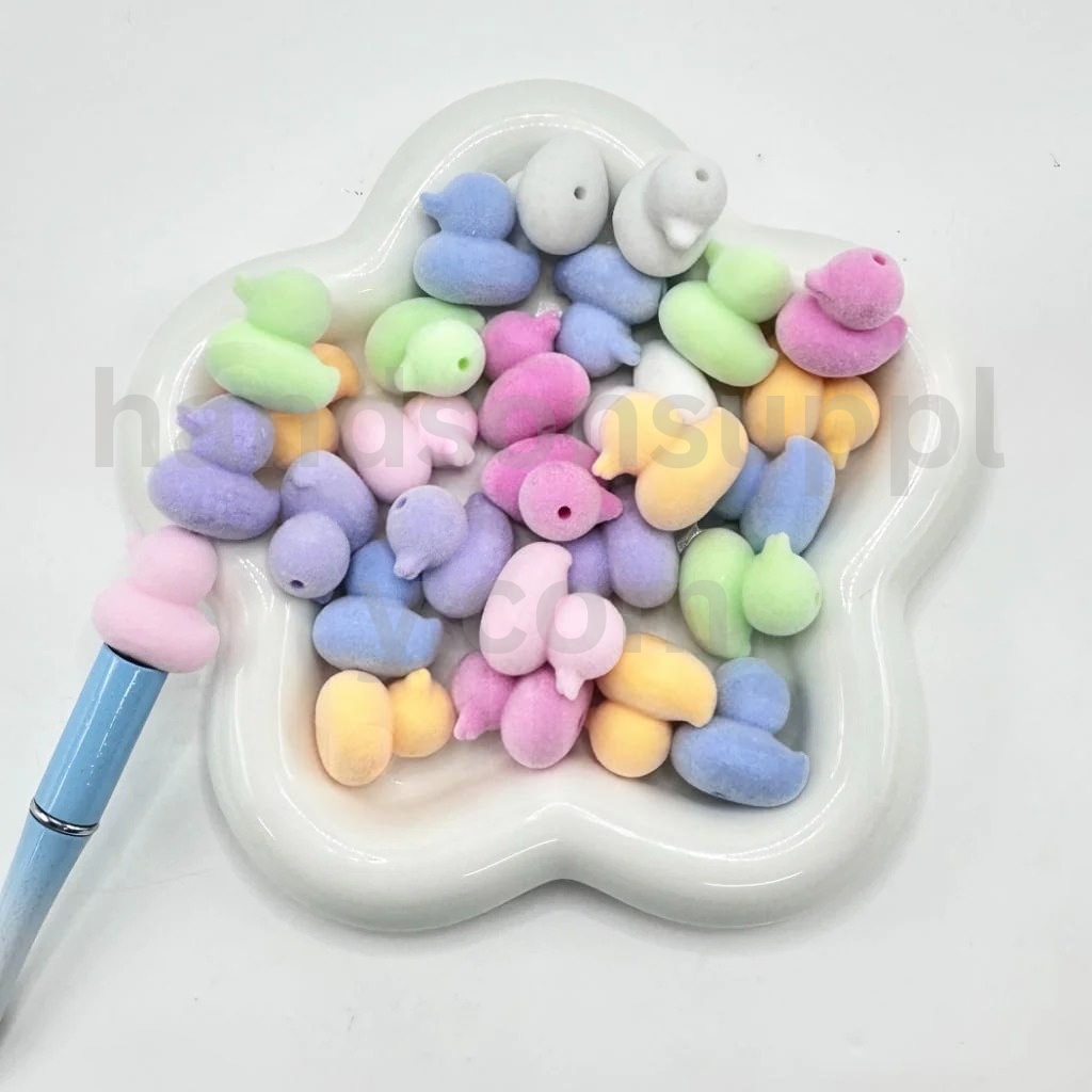Mini Flocked Duck Shape Acrylic Beads Around 24×23×17MM Random Mix
