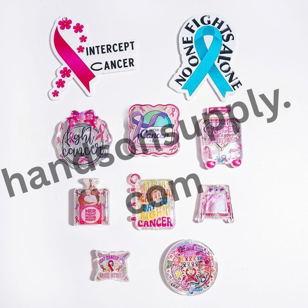UV-Coated Breast Cancer Awareness Ribbon Bow Design Acrylic Beads & Pendants, Random Mix