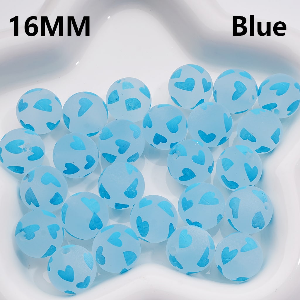 Multi-Color Heart Printed Frosted Acrylic Beads, 16MM Round Single Color Option Requires 200pcs Full Bag