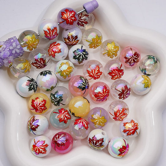 UV Coating Jelly Multi-Color Maple Leaves White Clear Round Acrylic Beads 16MM