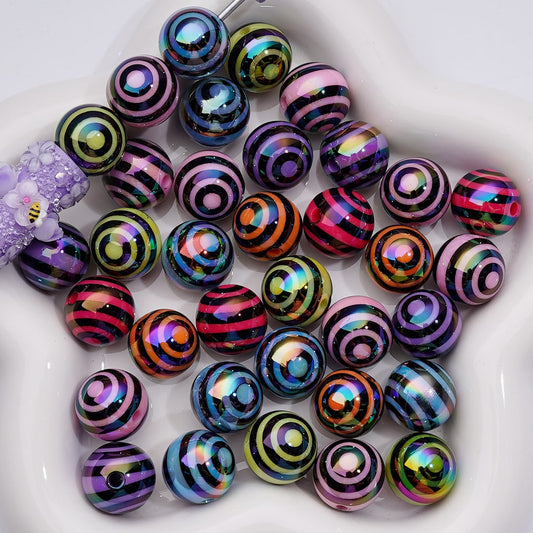 UV Coating Round Acrylic Beads in Solid Color Black Round Stripes, 16MM (Single Color is available for 200pcs(Whole bag))