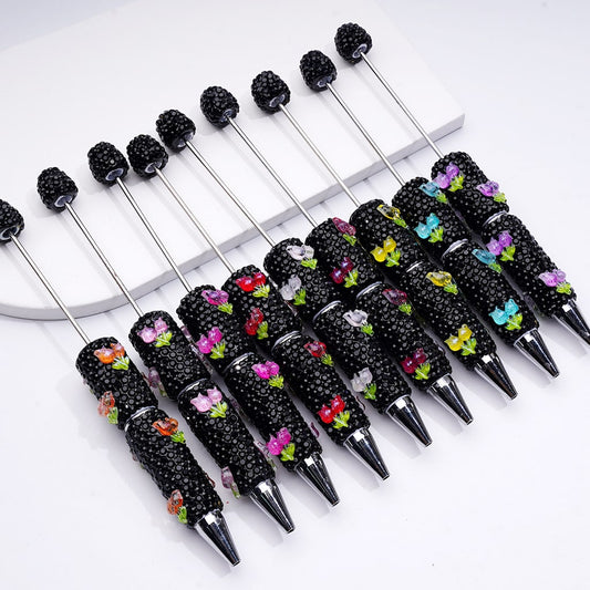 Cute Tulip Flower Clay Pen with Featuring Shiny Black Rhinestones